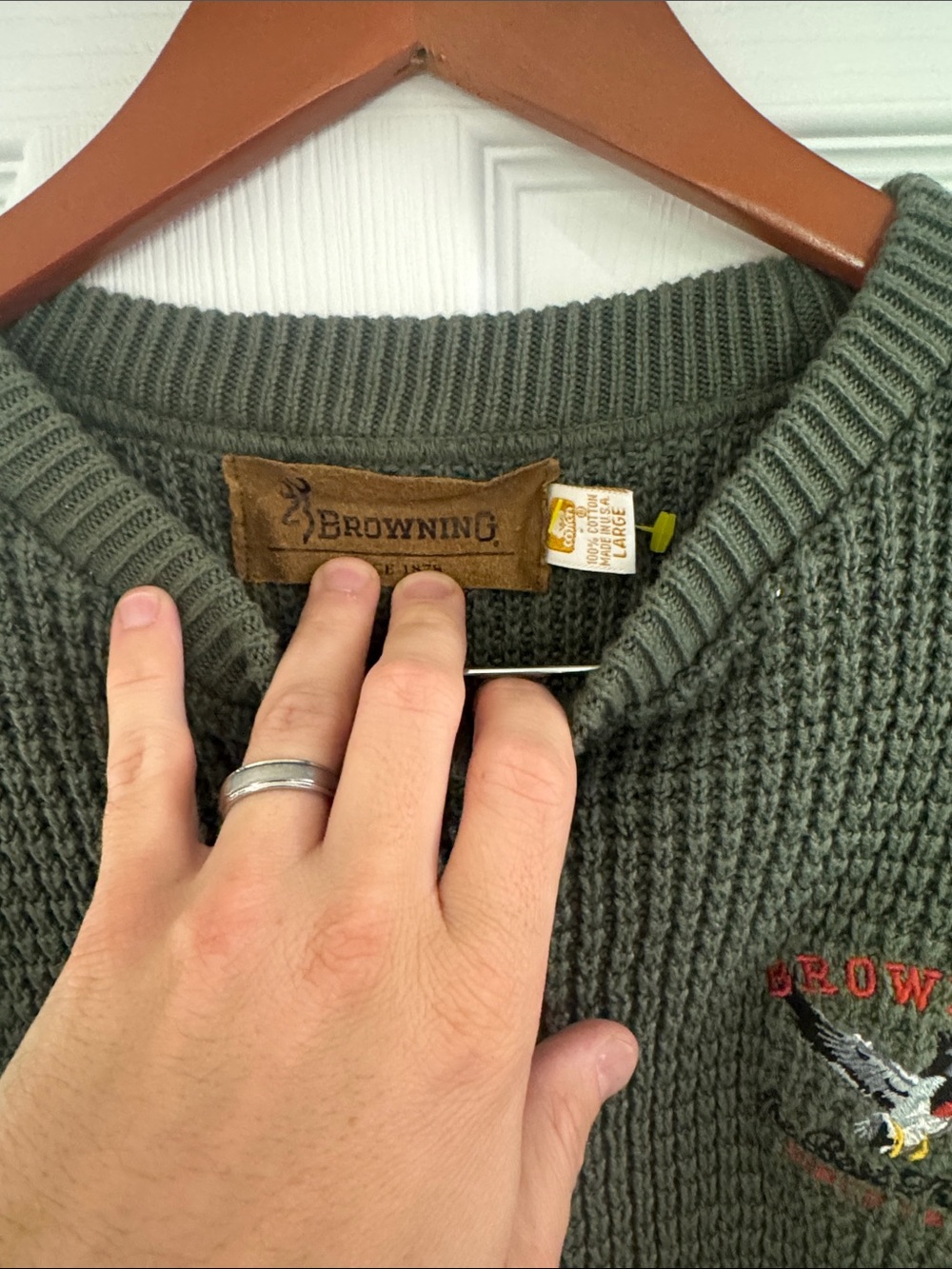 Vintage Browning Men's Olive Green Knit Sweater - Casual Waffle Crewneck - Picture 5 of 10